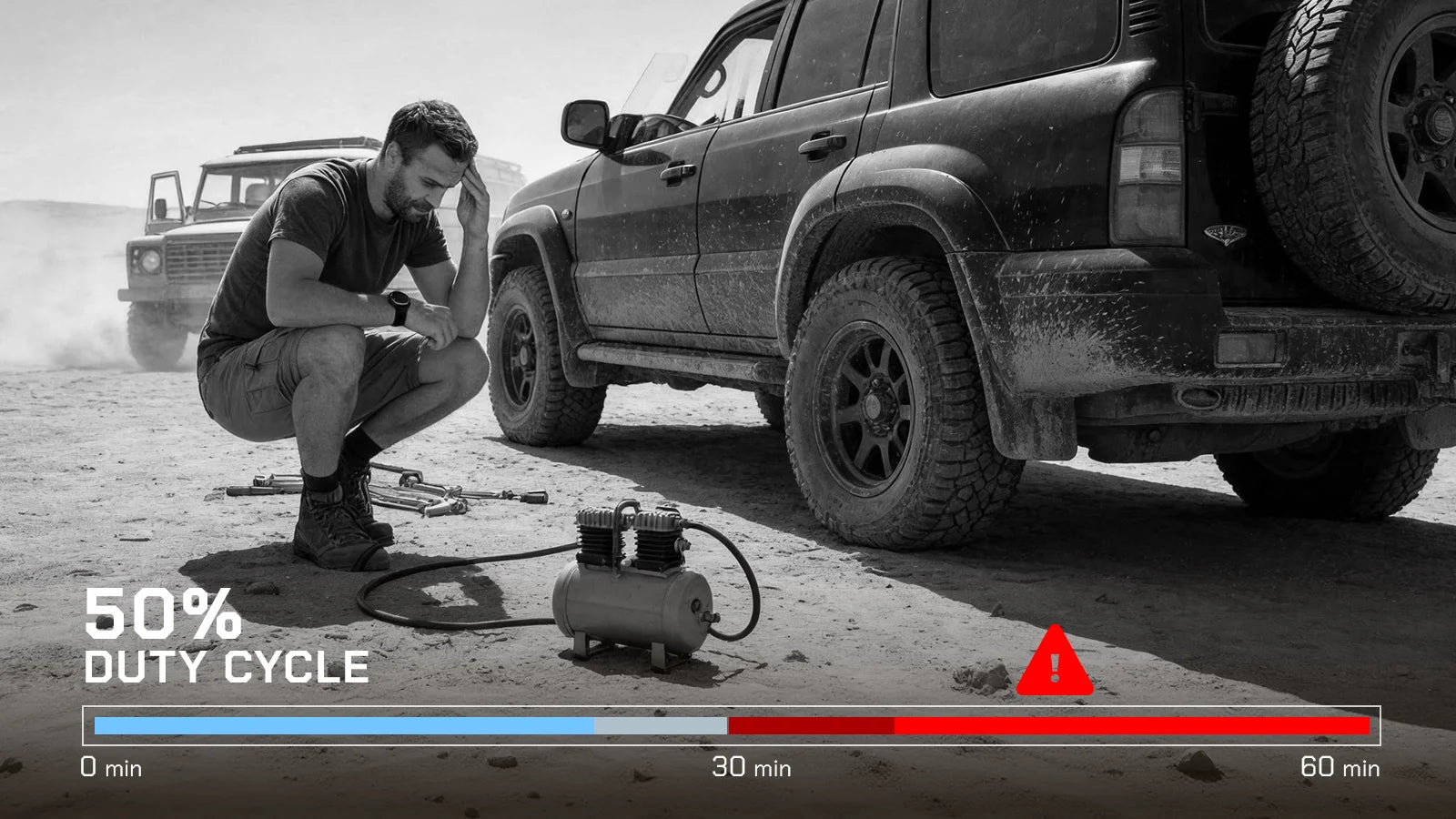 Frustrated off-road driver waiting for an overheated 50% duty cycle compressor to cool down.