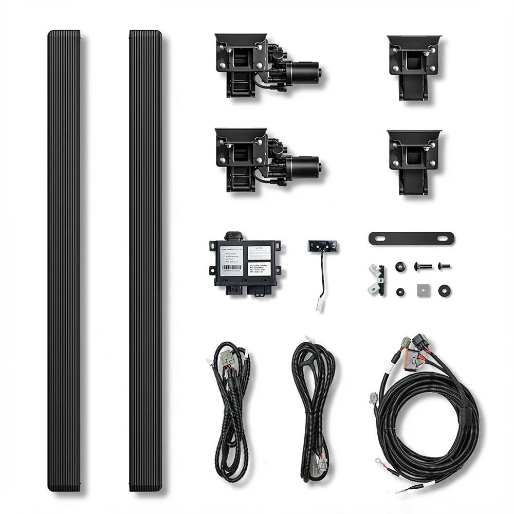 Complete power running boards kit including steps, motors, brackets, and wiring for easy installation.