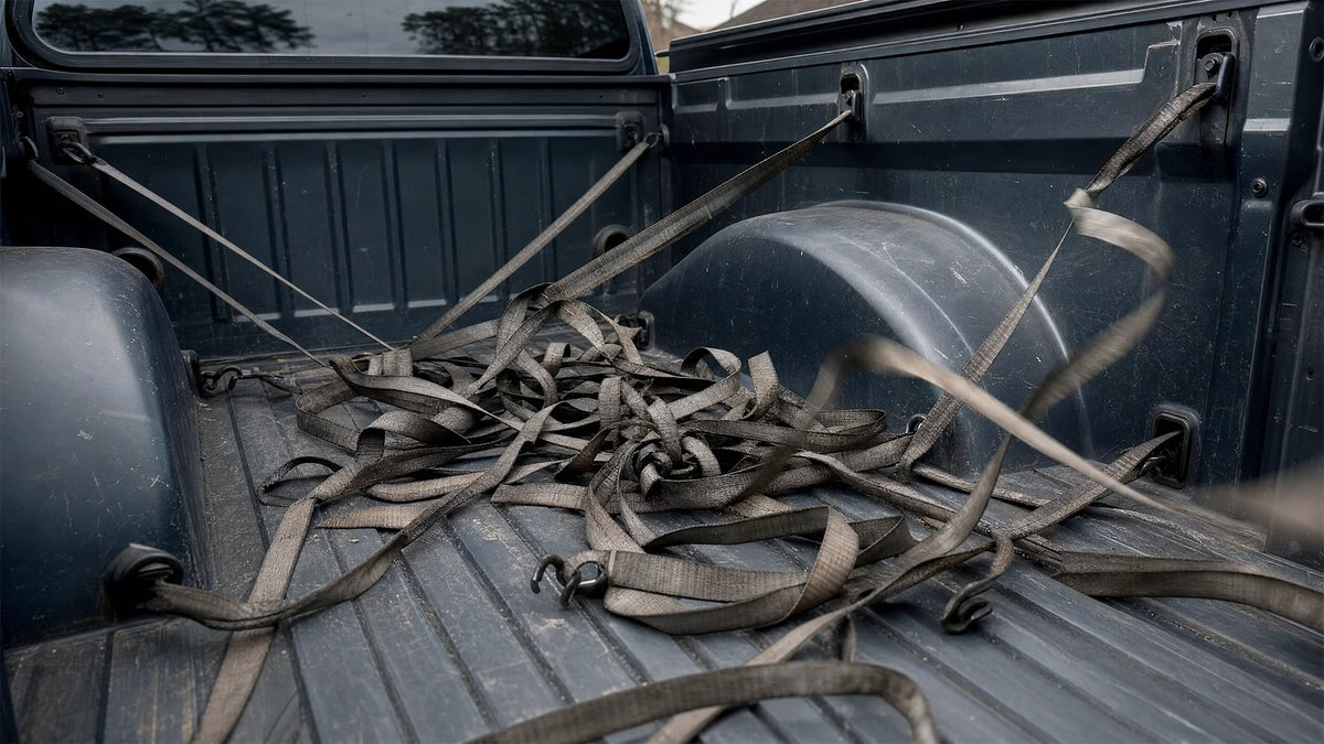 Standard ratchet straps left tangled and loose in a truck bed, showing why retractable ratchet straps are easier to store and quicker to deploy.