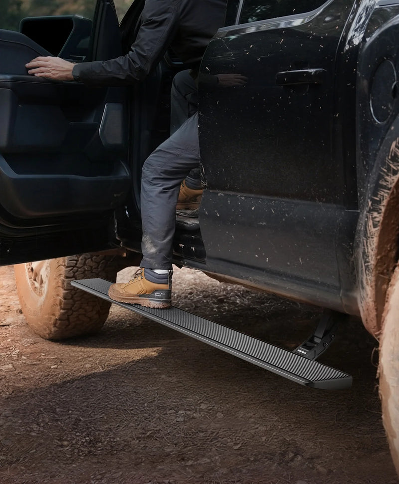 WOLFBOX retractable power running boards featuring auto-deploy, LED lighting, and all-weather performance for trucks.