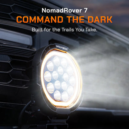 NomadRover 7" off-road LED pod mounted on vehicle A-pillar.