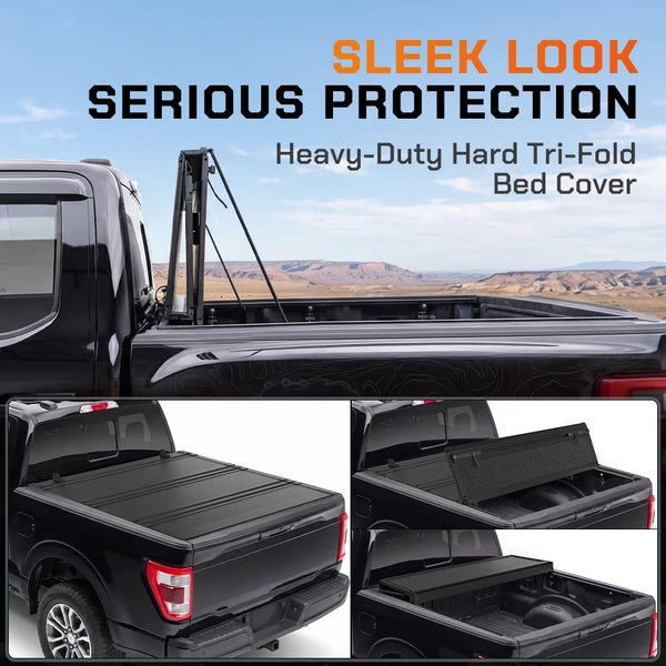 ToughFold T1 hard tri-fold tonneau cover on pickup truck bed, showing sleek low-profile protection in outdoor setting