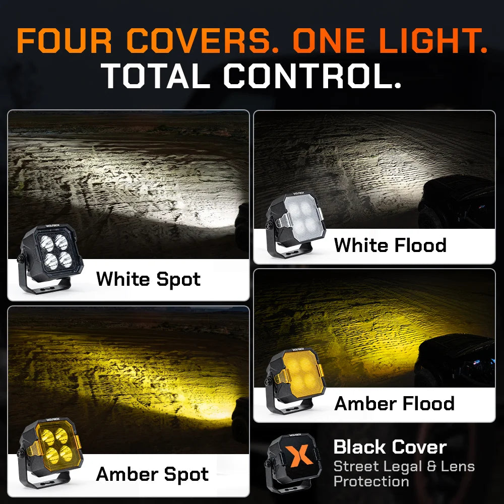 4-in-1 versatility: interchangeable amber, clear, and black covers for spot or flood beams