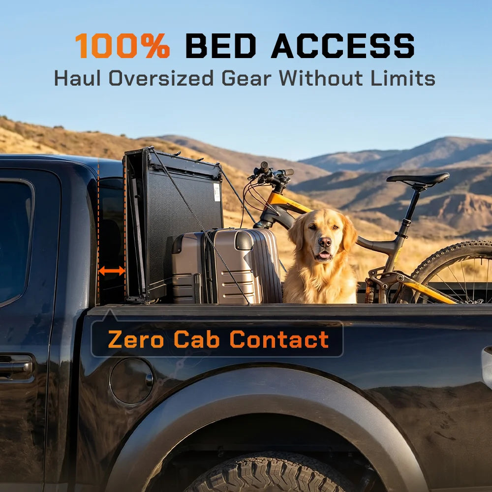 ToughFold T1 truck bed cover in flipped open position providing 100% bed access with zero cab contact for hauling gear