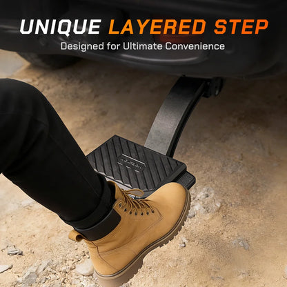 Close-up of a unique layered step design for ultimate convenience and foot grip.