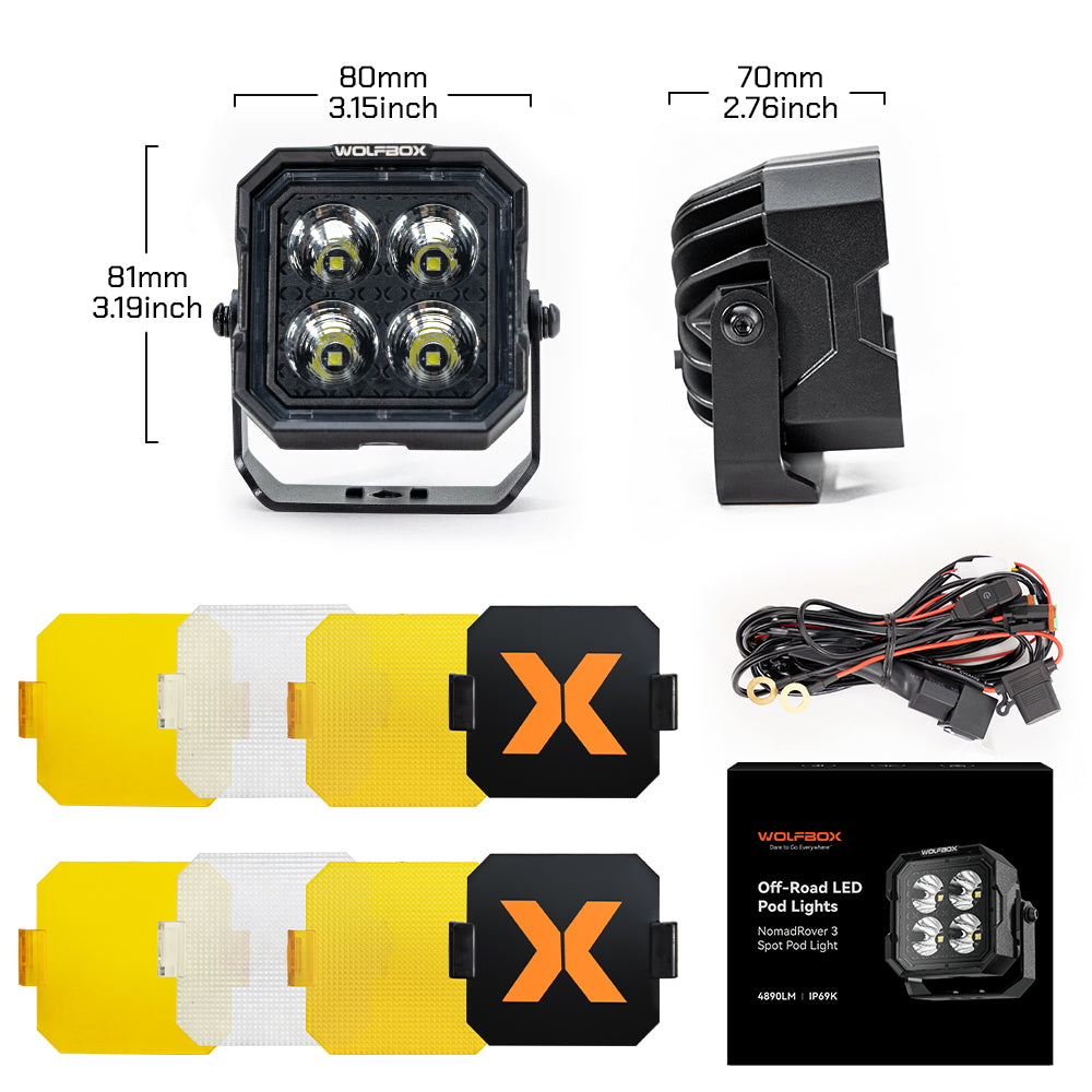 Product dimensions and package contents for 3-inch off-road LED pods.