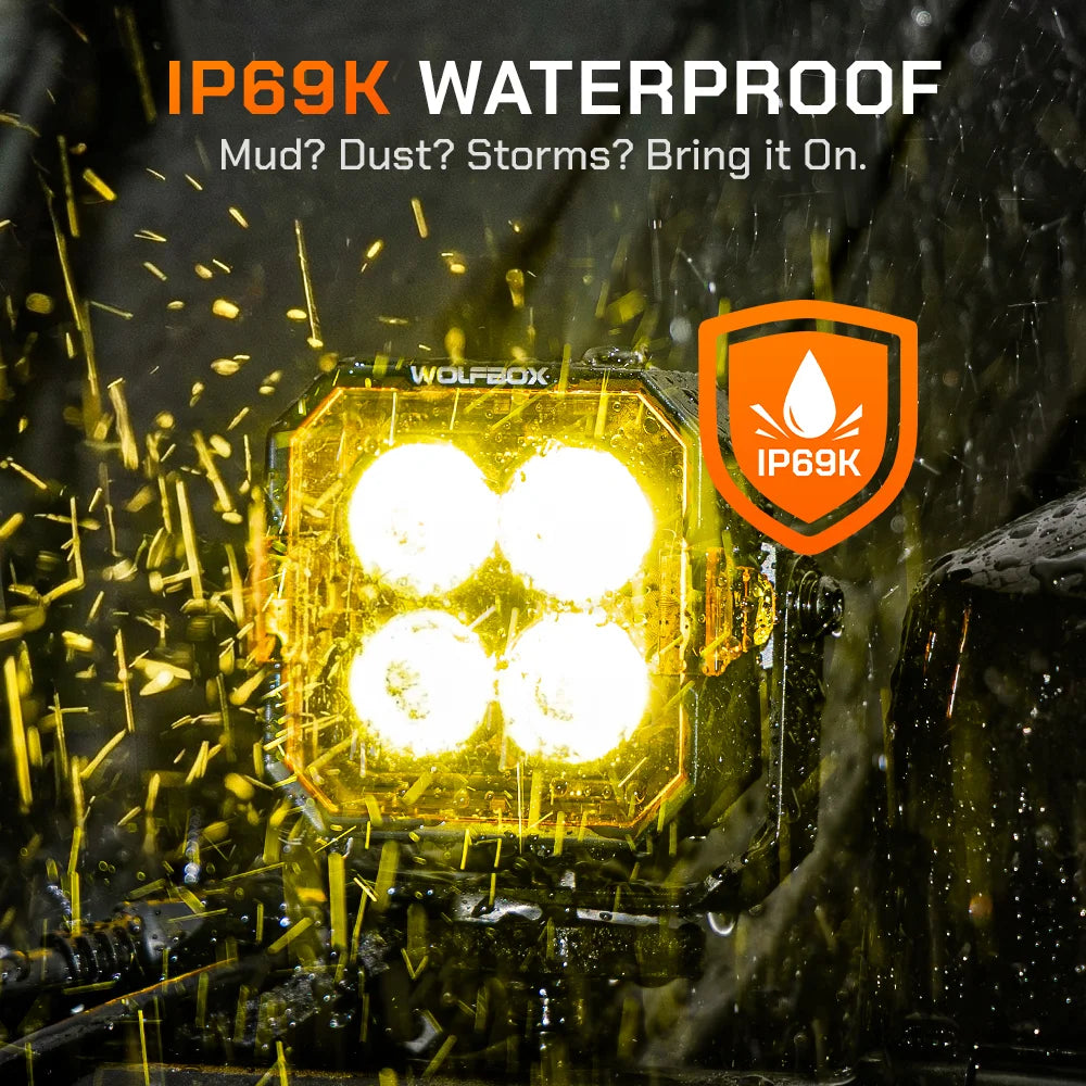 IP69K waterproof off-road light resisting high-pressure water and extreme mud.