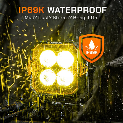 IP69K waterproof off-road light resisting high-pressure water and extreme mud.