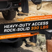 Heavy-duty retractable bed step supporting a person with a 330 lbs weight capacity.