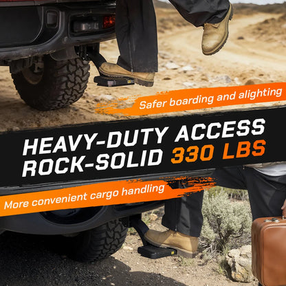Heavy-duty retractable bed step supporting a person with a 330 lbs weight capacity.
