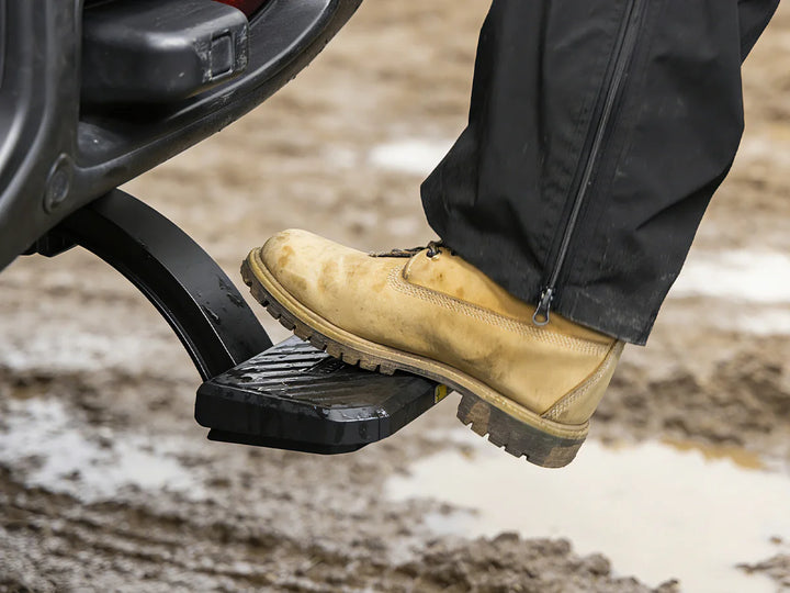 Heavy-duty bed step providing more convenient cargo handling for truck owners.