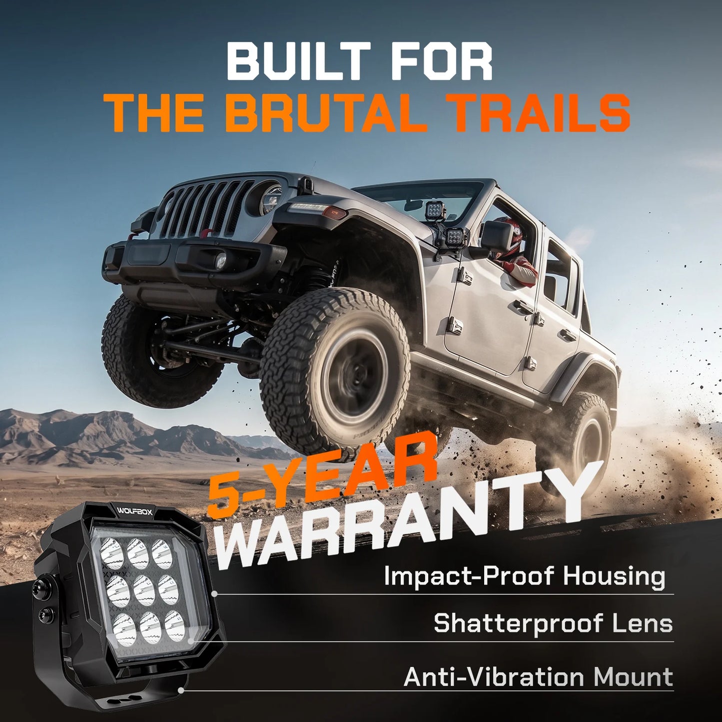 Off-road LED light mounted on a Jeep, showcasing a 5-year warranty, impact-proof housing, shatterproof lens, and anti-vibration mount for rugged trail use.

