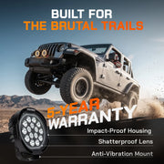 Off-road LED light mounted on a Jeep, showcasing a 5-year warranty, impact-proof housing, shatterproof lens, and anti-vibration mount for rugged trail use.
