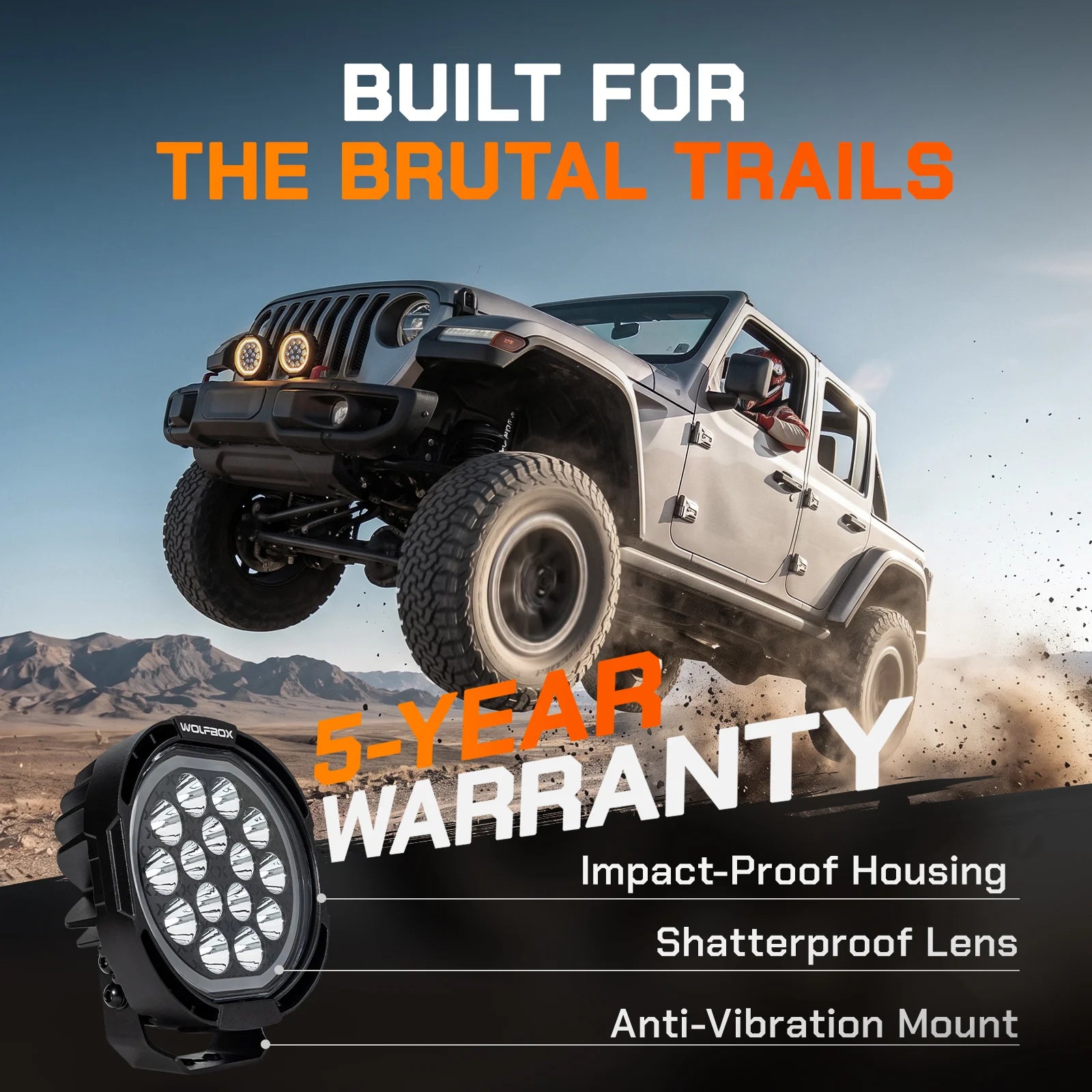 Off-road LED light mounted on a Jeep, showcasing a 5-year warranty, impact-proof housing, shatterproof lens, and anti-vibration mount for rugged trail use.
