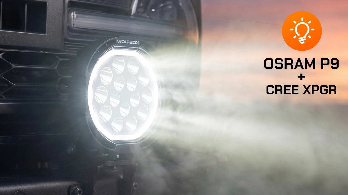 Car headlight with OSRAM P9 and CREE XPGR branding against a sunset background.