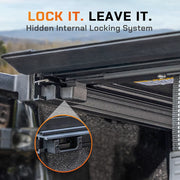 Detail view of hidden internal locking system on ToughFold T1 tri-fold truck bed cover for secure cargo protection