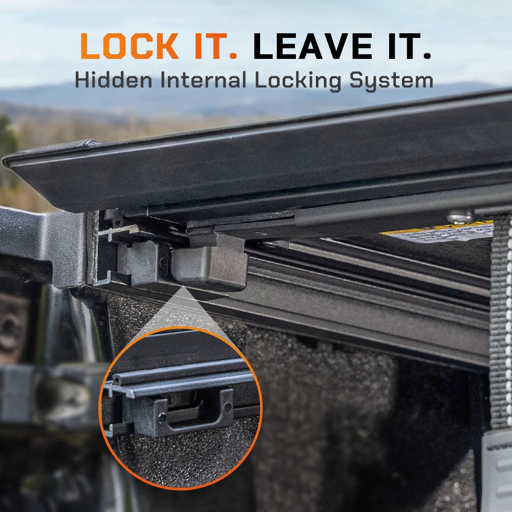 Detail view of hidden internal locking system on ToughFold T1 tri-fold truck bed cover for secure cargo protection