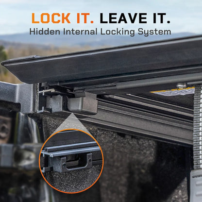 Detail view of hidden internal locking system on ToughFold T1 tri-fold truck bed cover for secure cargo protection