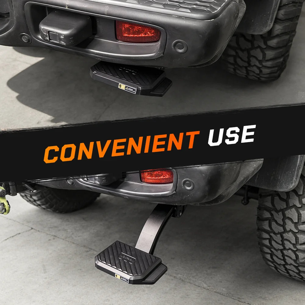 Easy foot-activated operation of a retractable rear bumper step on a pickup truck.