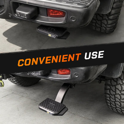 Easy foot-activated operation of a retractable rear bumper step on a pickup truck.