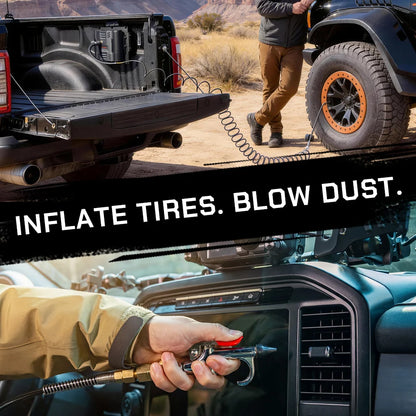 On-board air system for tire inflation and dust blowing gun
