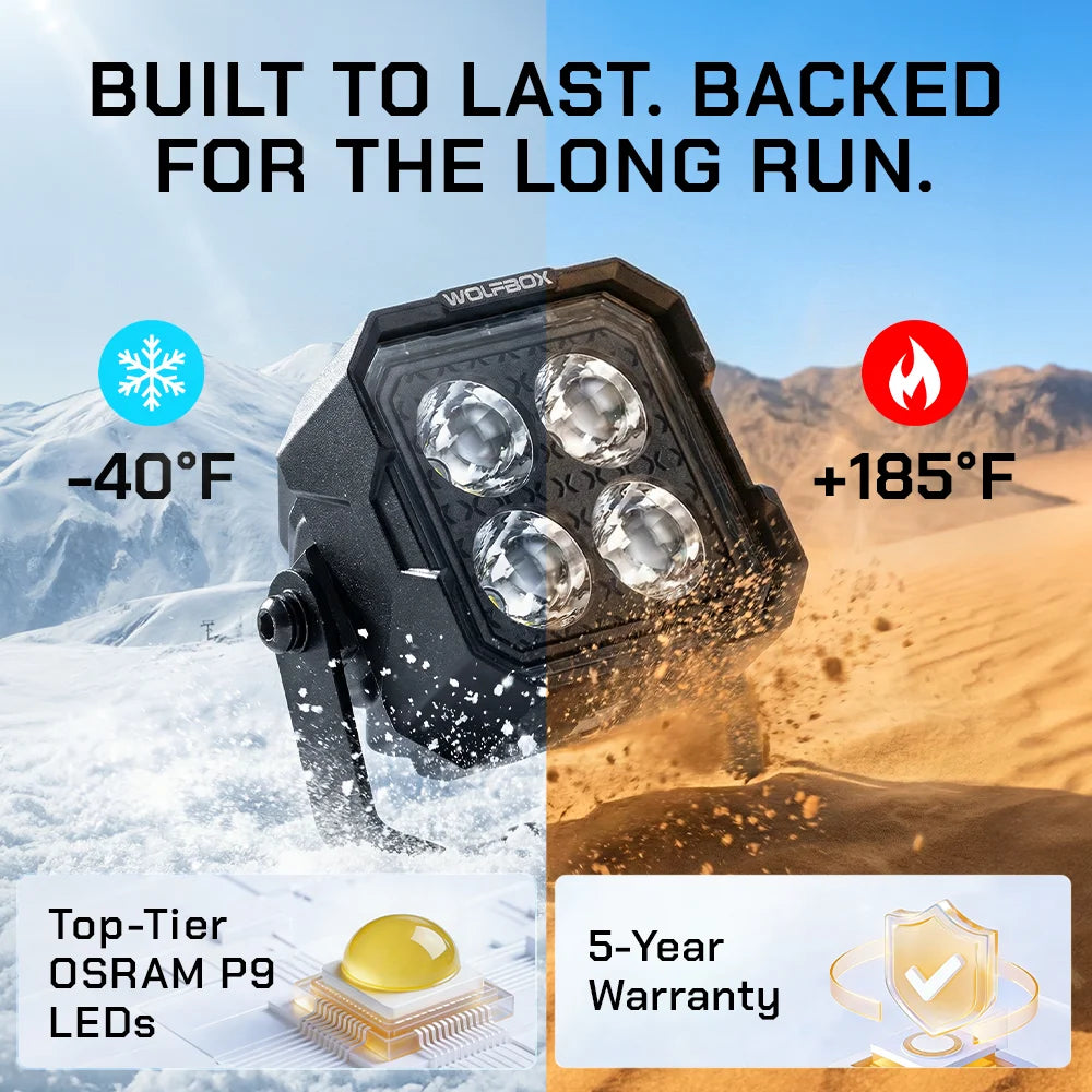 Heavy-duty durability: OSRAM P9 LEDs with extreme temperature and 6G shock resistance.