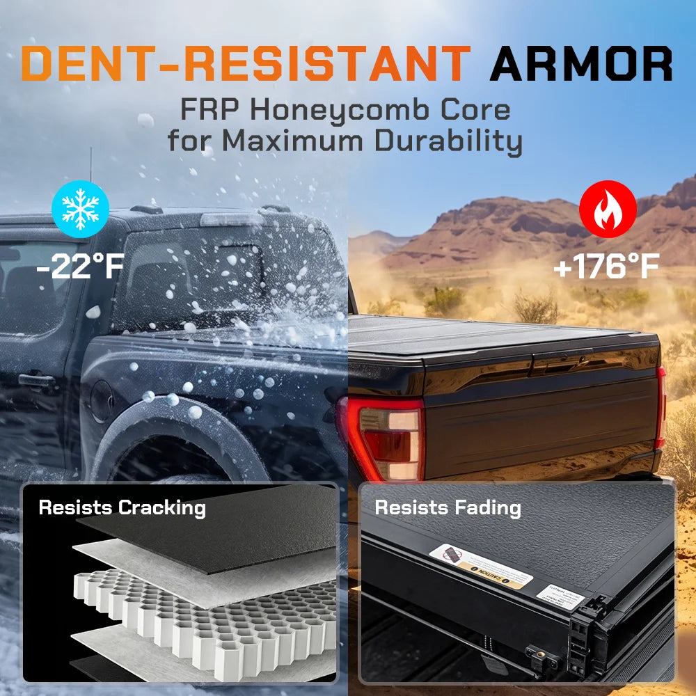 ToughFold T1 dent-resistant FRP honeycomb core hard tonneau cover demonstrating extreme temperature durability and impact resistance