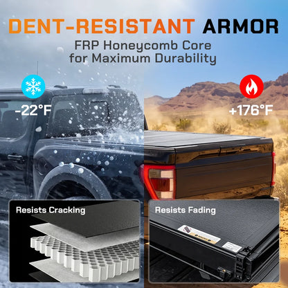 ToughFold T1 dent-resistant FRP honeycomb core hard tonneau cover demonstrating extreme temperature durability and impact resistance