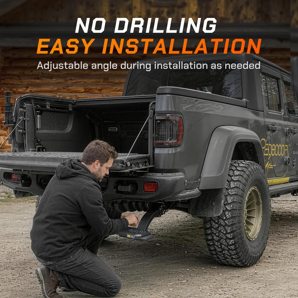 No-drilling easy installation process of a retractable step on a truck chassis.