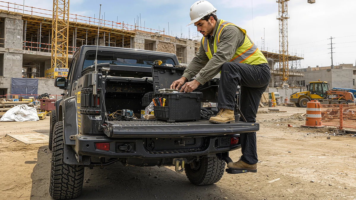 A construction worker using the WOLFBOX bed step to reach tools safely at a job site.