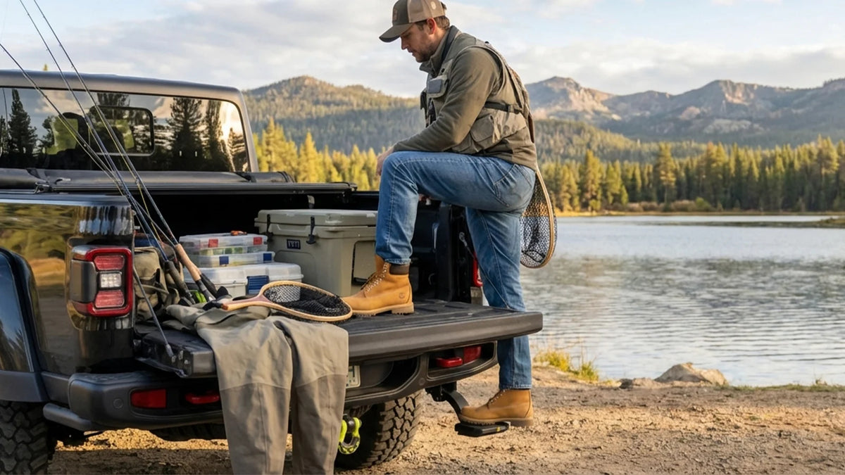 A man using the WOLFBOX retractable bed step to easily access fishing gear and a cooler during an outdoor adventure.