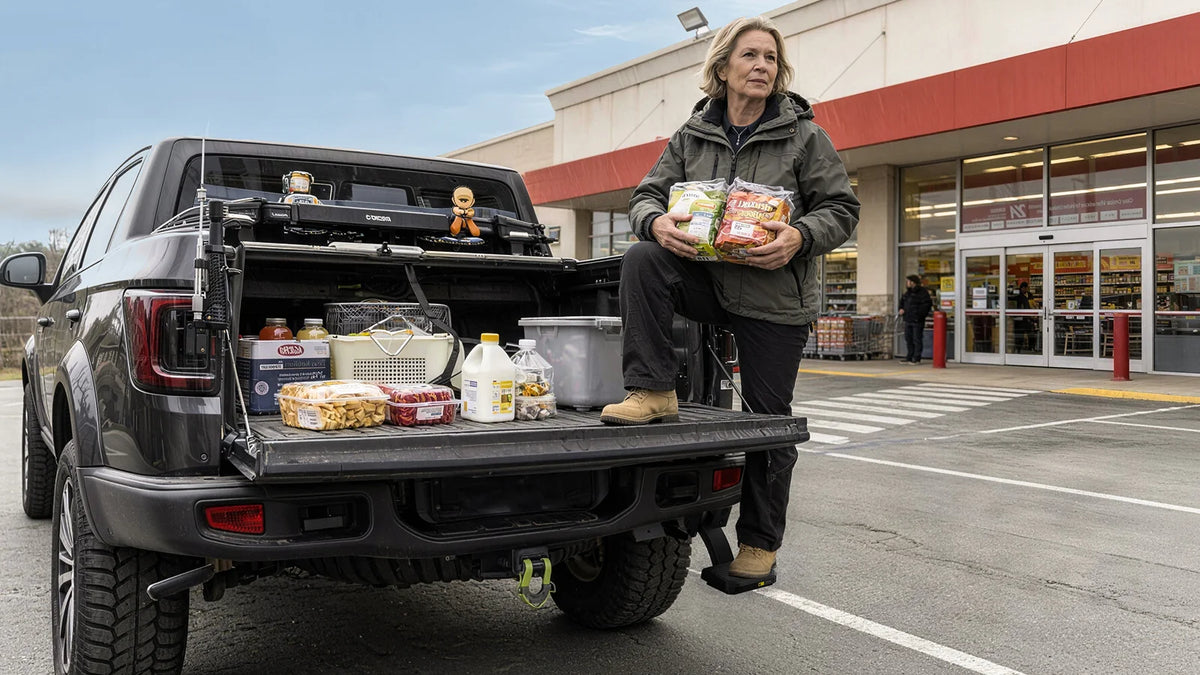 A woman using the retractable truck bed step as a daily helper to effortlessly load groceries into her pickup.