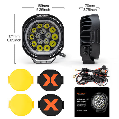 Product dimensions and package contents for 7-inch off-road LED pods.