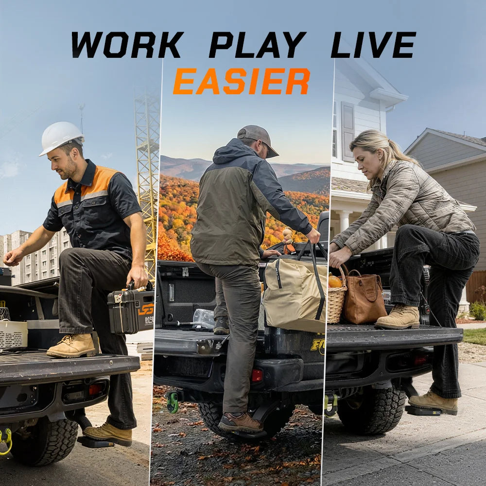 Diverse users using the retractable step for work, camping, and loading gear.