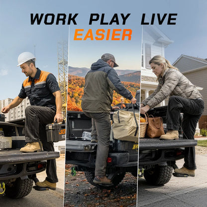 Diverse users using the retractable step for work, camping, and loading gear.