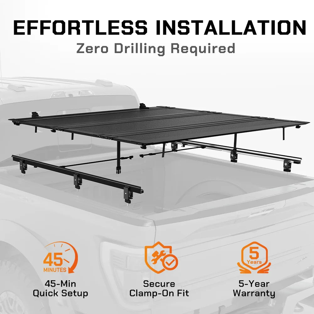 Step-by-step installation diagram of ToughFold T1 tonneau cover showing zero-drill clamp-on fitment system for easy setup