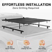 Step-by-step installation diagram of ToughFold T1 tonneau cover showing zero-drill clamp-on fitment system for easy setup