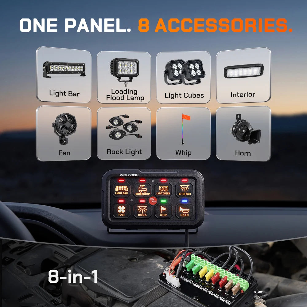 Wolfbox 8-gang smart switch panel controlling eight accessories — light bar, LED road lamp, light cubes, interior lights, fan, rock lights, whips, and horn — from one programmable hub.