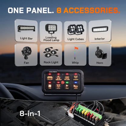 Wolfbox 8-gang smart switch panel controlling eight accessories — light bar, LED road lamp, light cubes, interior lights, fan, rock lights, whips, and horn — from one programmable hub.
