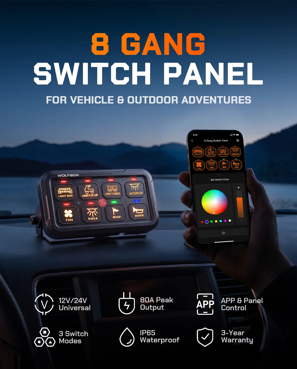 Wolfbox 8-gang smart switch panel hero — RGB backlit buttons, 80A peak output, app control, eight switch modes, three mounting options, IP67 rating, and 3-year warranty for outdoor adventures.