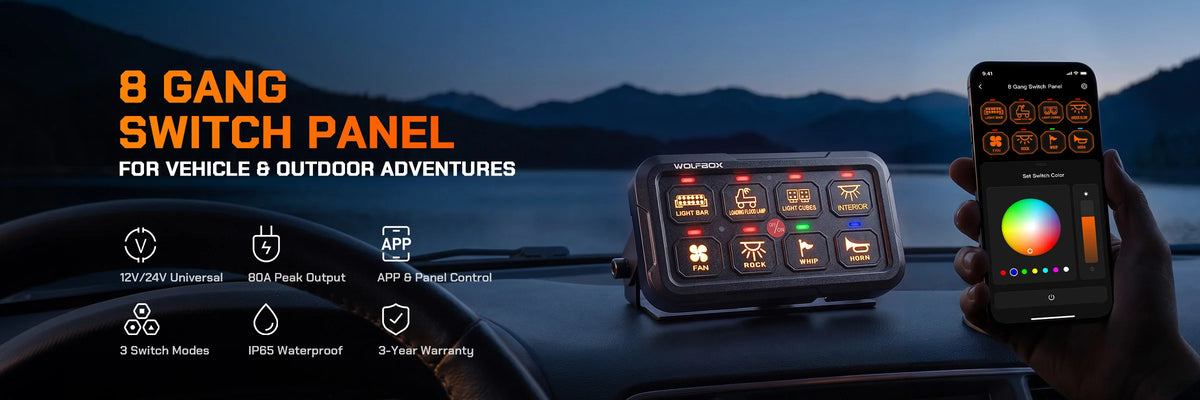 Wolfbox 8-gang smart switch panel hero — RGB backlit buttons, 80A peak output, app control, eight switch modes, three mounting options, IP67 rating, and 3-year warranty for outdoor adventures.