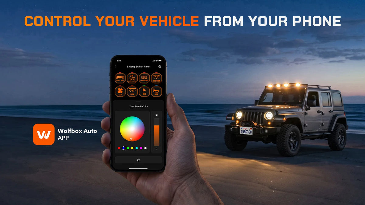 Wolfbox 8-gang smart switch panel controlled from a smartphone via wireless Bluetooth, allowing drivers to customize switch modes, brightness, and accessory triggers from the cab.