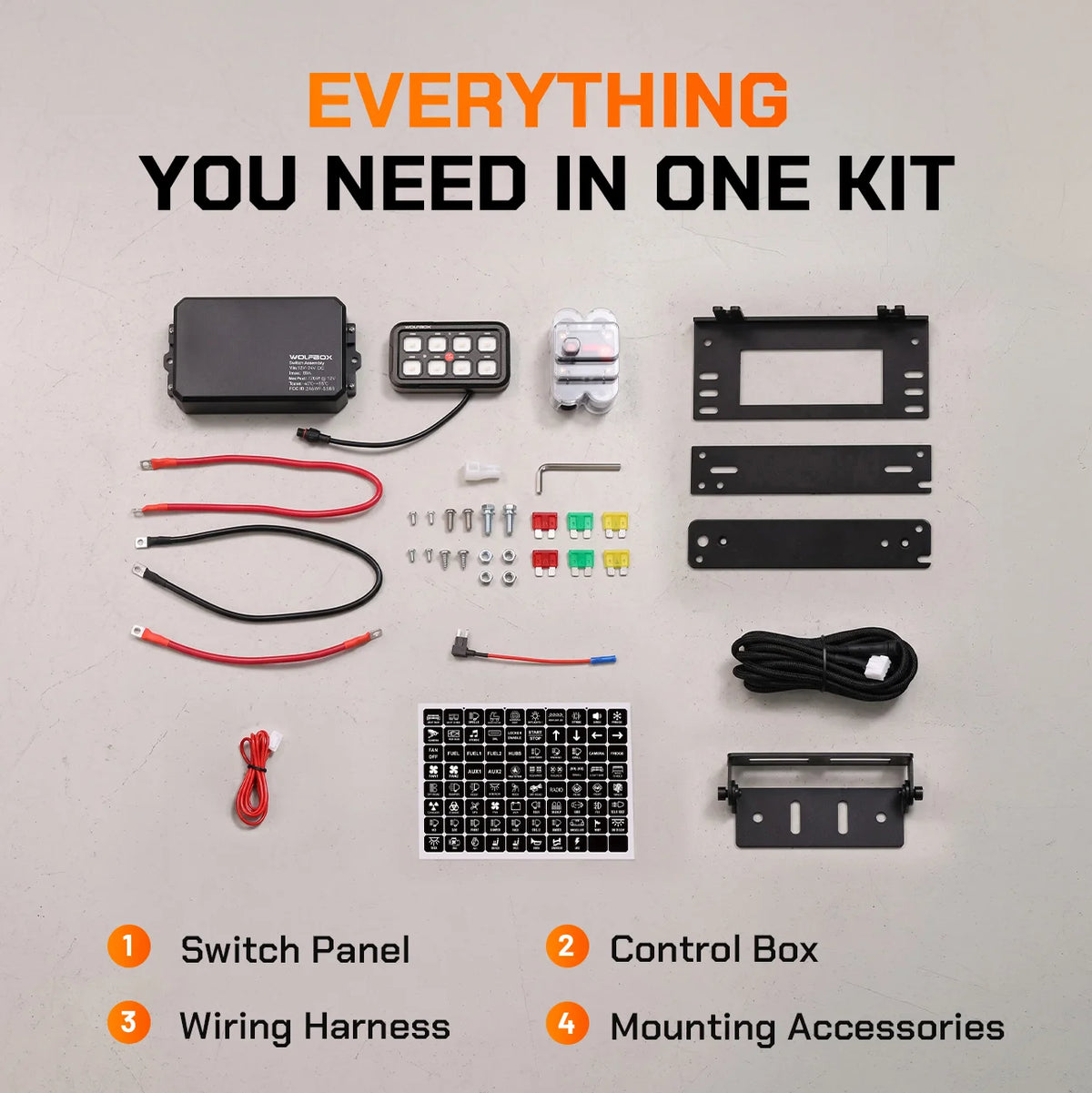 Wolfbox 8-gang smart switch panel complete kit contents — switch panel, control box, wiring harness, and mounting accessories — everything needed for installation in one box.