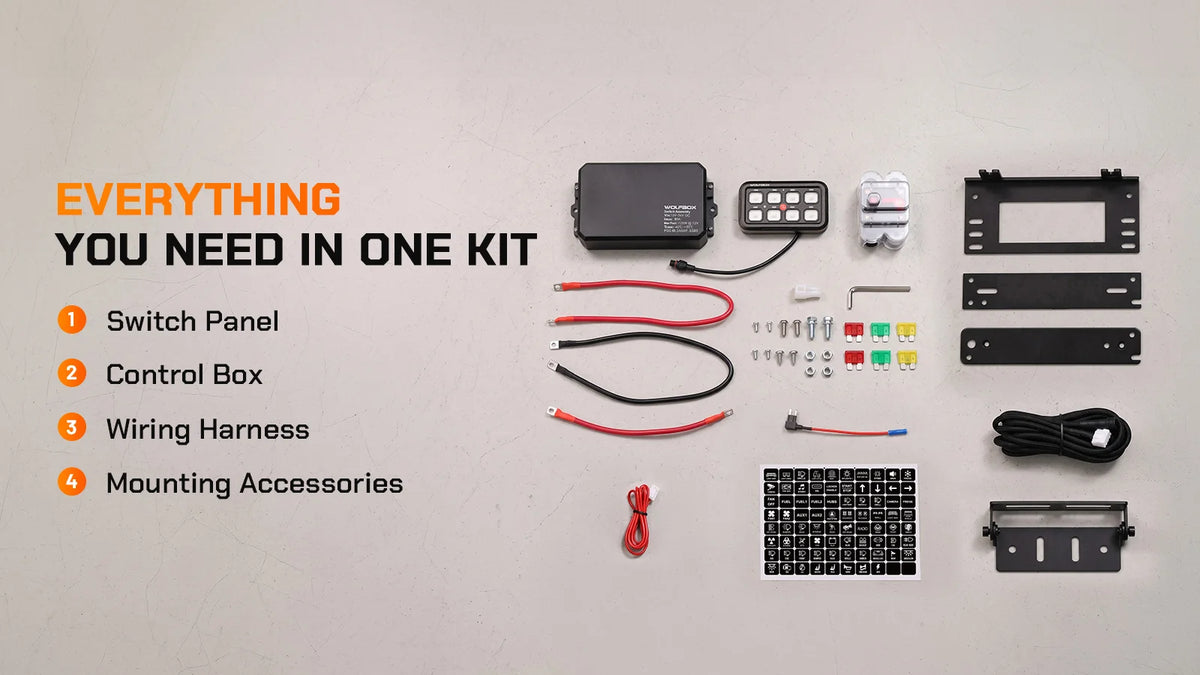 Wolfbox 8-gang smart switch panel complete kit contents — switch panel, control box, wiring harness, and mounting accessories — everything needed for installation in one box.