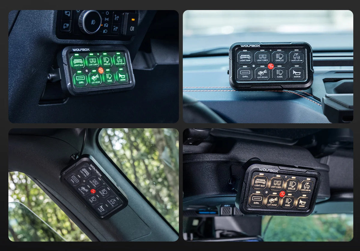 Wolfbox 8-gang smart switch panel mounted in four positions on a vehicle dashboard — center stack, A-pillar, overhead console, and flush panel — for flexible DIY installation.