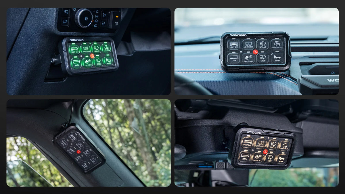 Wolfbox 8-gang smart switch panel mounted in four positions on a vehicle dashboard — center stack, A-pillar, overhead console, and flush panel — for flexible DIY installation.
