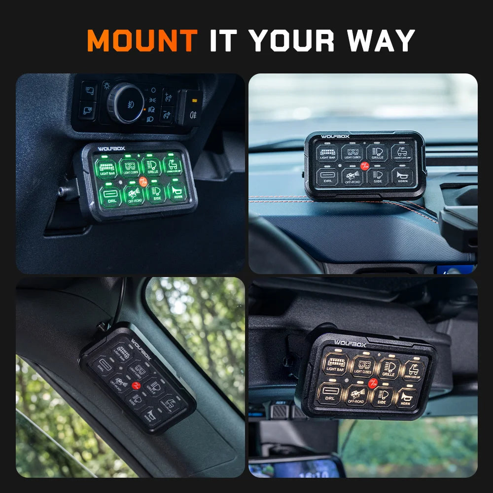 Wolfbox 8-gang smart switch panel mounted four ways — dashboard, A-pillar, overhead console, and flush panel — for flexible installation in any vehicle interior.