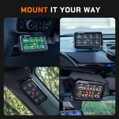 Wolfbox 8-gang smart switch panel mounted four ways — dashboard, A-pillar, overhead console, and flush panel — for flexible installation in any vehicle interior.