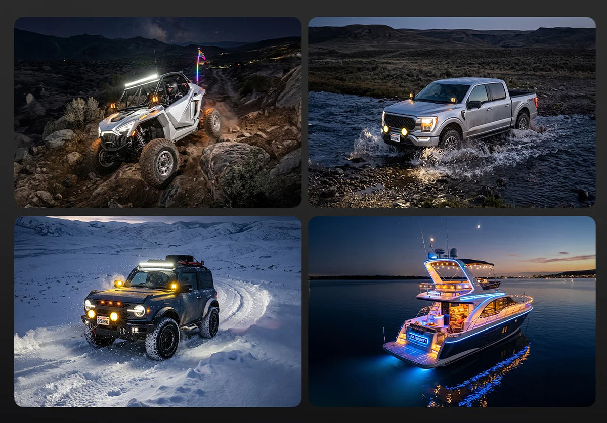 Wolfbox 8-gang smart switch panel powering accessories on a 4x4 off-road truck, a desert runner, a side-by-side UTV, and a fishing boat — built for trucks, UTVs, boats, and overlanding rigs.
