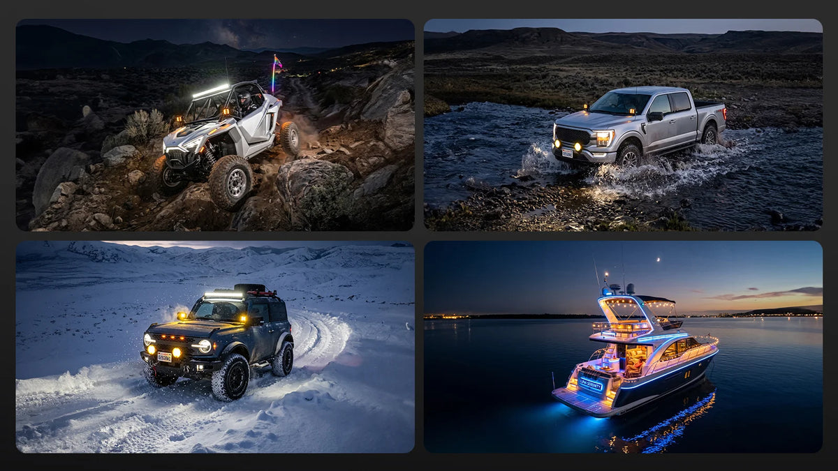 Wolfbox 8-gang smart switch panel powering accessories on a 4x4 off-road truck, a desert runner, a side-by-side UTV, and a fishing boat — built for trucks, UTVs, boats, and overlanding rigs.